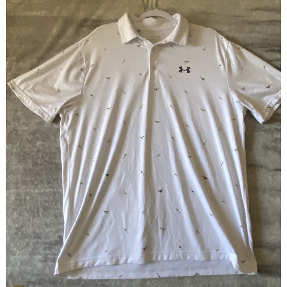 Under Armour Playoff Polo Mens XL White Bird Print Short Sleeve Golf Shirt Loose
